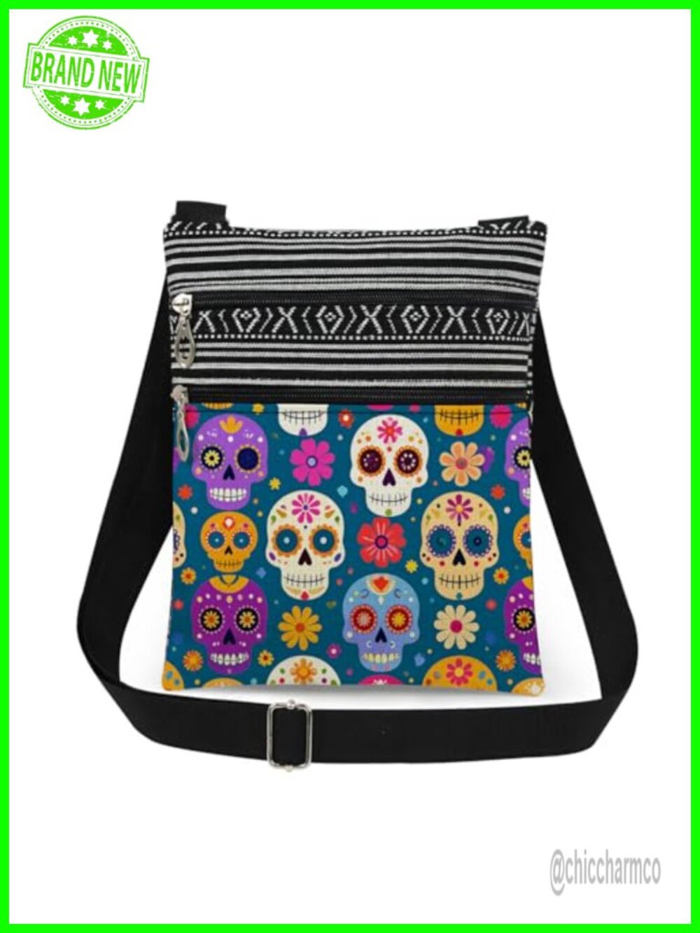 Mexican Sugar Skull Crossbody Bag Polyester Adjustable Strap Zipper